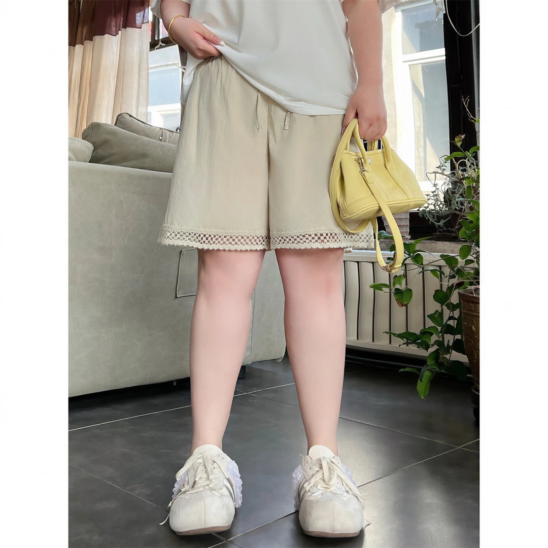 大码女装夏季温婉大气花契200斤胖mm法式简约镂空钩花短裤15189