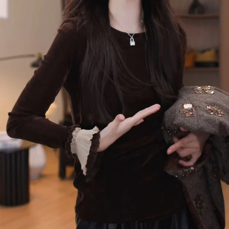 2025秋季新款时尚百搭气质中式长袖T恤女设计款拼接袖口打底上衣