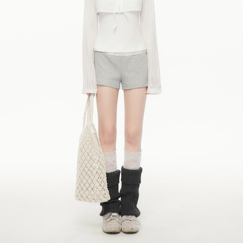 SPEAR YOUTH“巨显腿长”针织蕾丝拼接韩系休闲裤百搭灰色短裤女