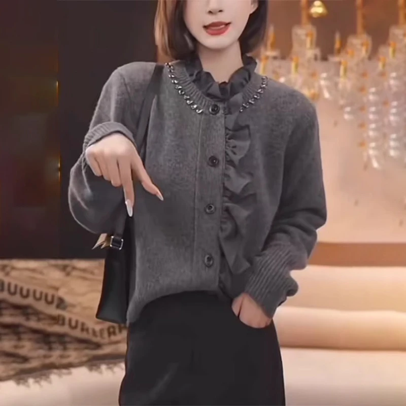 法式木耳领女士毛衣2025秋冬季新款大码宽松休闲别致针织衫上衣