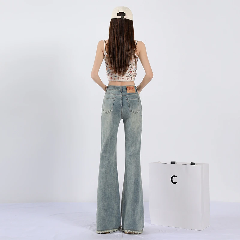 2025秋装微喇牛仔裤女高腰毛边设计感复古马蹄裤子梨形身材胖显瘦