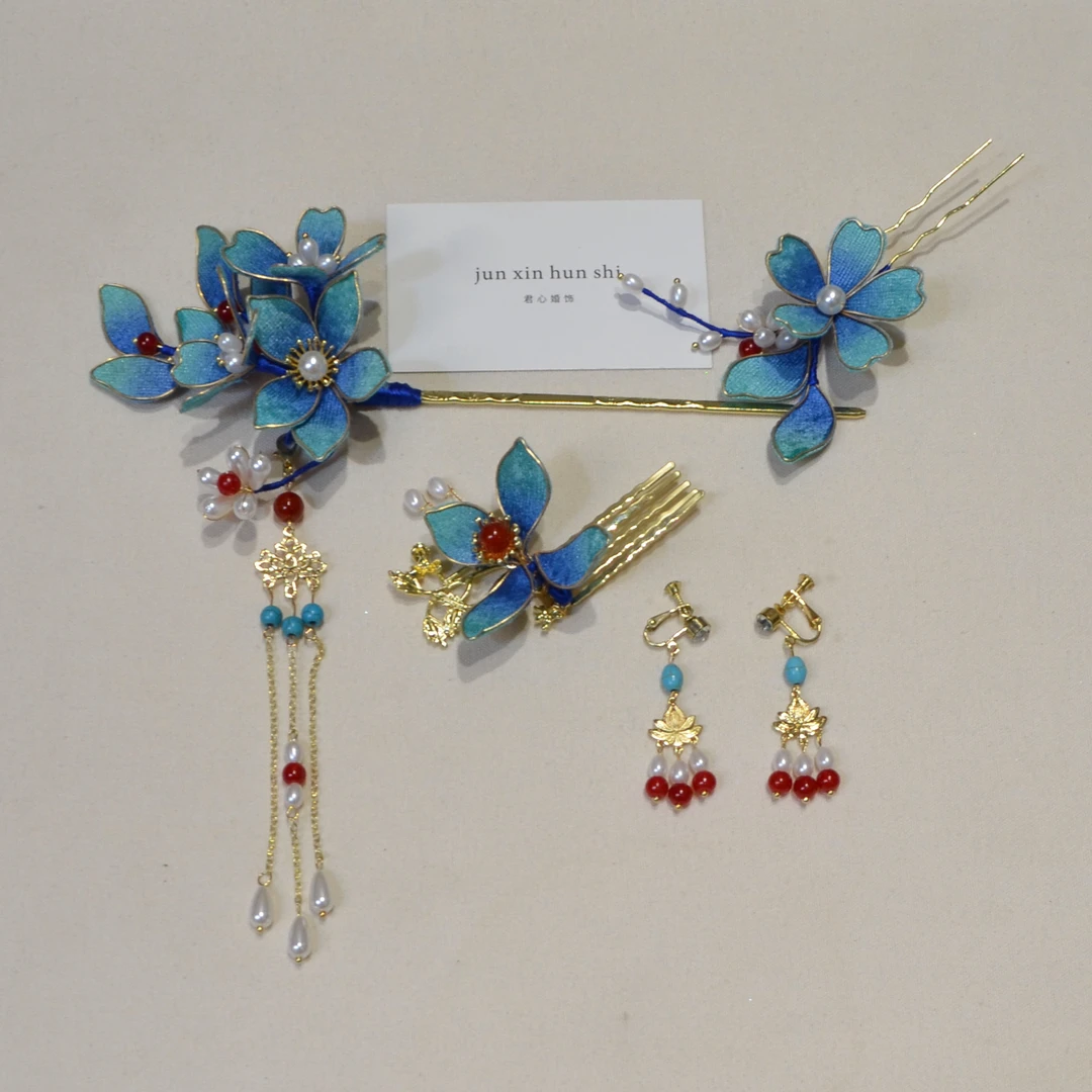 君心家 浅蓝色渐变布艺花瓣发钗古风旗袍新中式簪子五件套