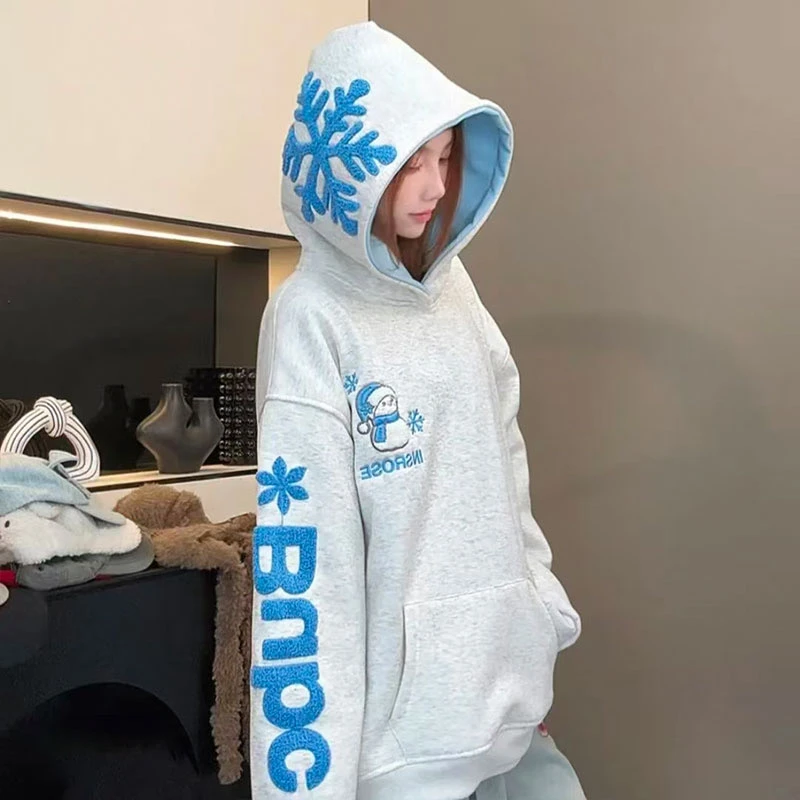 纯棉圣诞节穿搭雪花刺绣帽衫卫衣女秋冬季加绒加厚宽松学院风外套