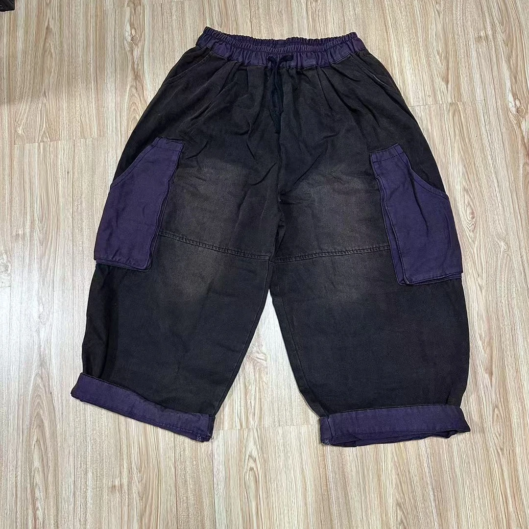 炒色复古拼紫色大兜水洗休闲裤