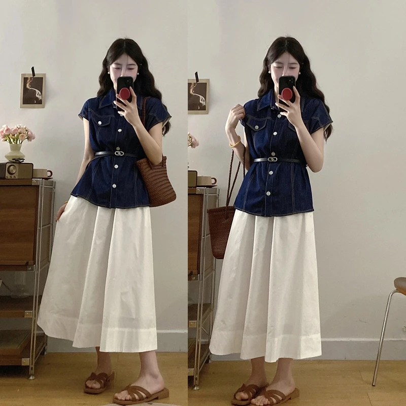 MO88ZSPF大码夏季牛仔收腰显瘦上衣百搭白色半身裙洋气赫本风穿搭