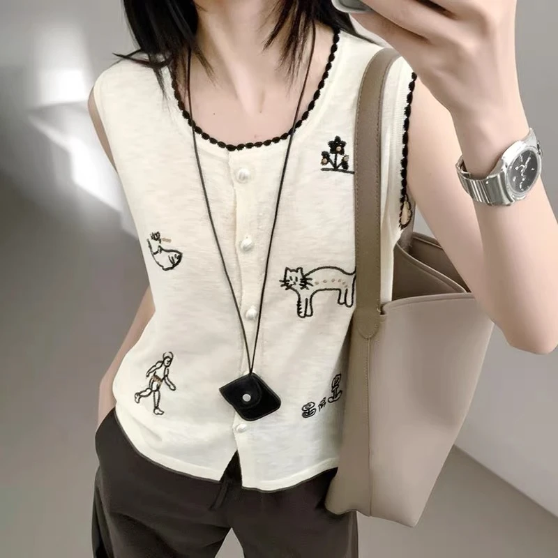 韩系夏季卡通刺绣无袖时尚背心针织衫圆领无袖上衣女