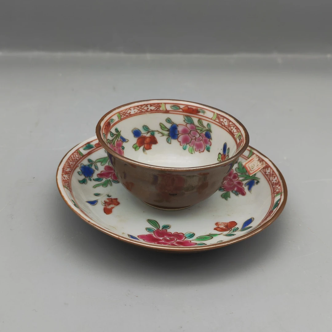 清康熙 粉彩花卉外酱釉茶杯—套