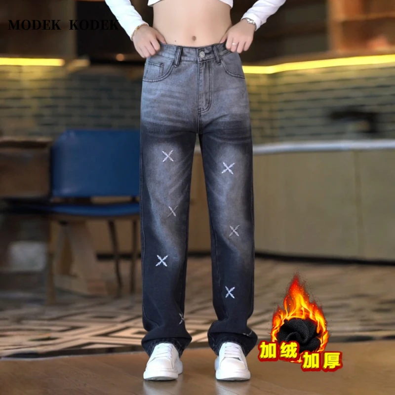 MODEK KODEK高级感潮牌美式刺绣牛仔裤男秋冬新款宽松直筒休闲裤