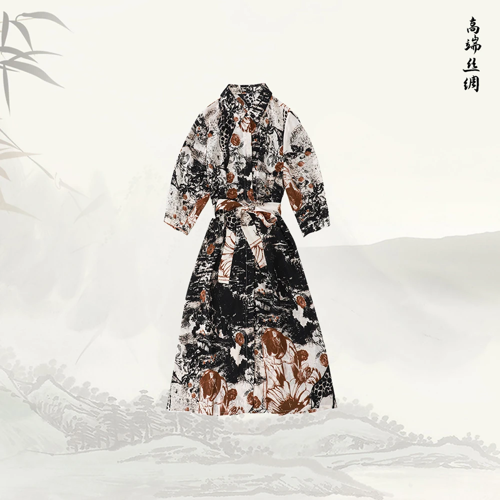 品牌新款桑蚕气质通勤复古印花系带中袖连衣裙52803