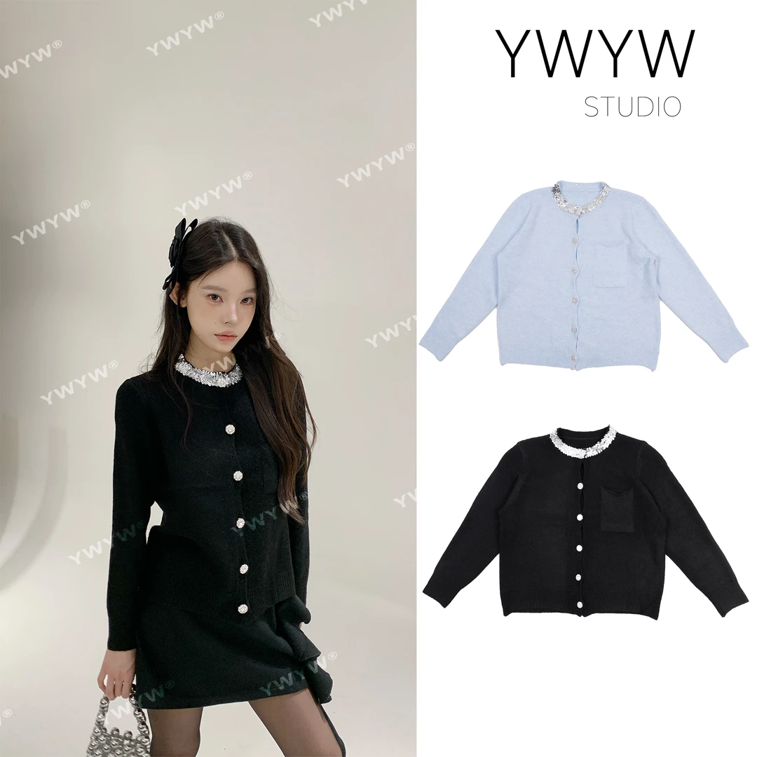 【YWYW25S/S】时尚百搭亮片围领质感排扣针织开衫3537