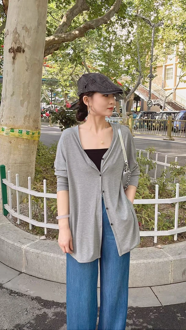 易缔媤/宽松慵懒风纯色长袖开衫女薄款休闲显瘦外搭