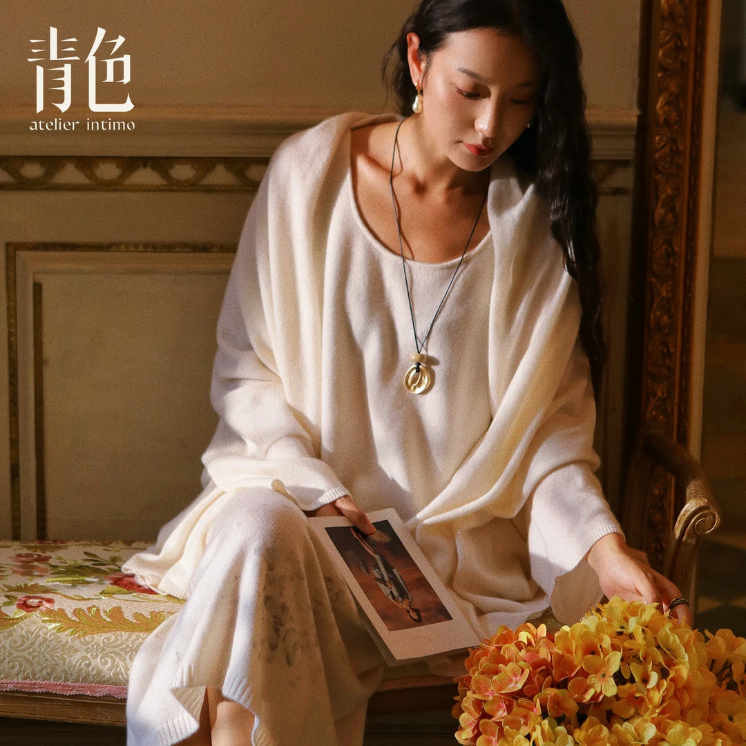 atelier intimo/青色【秋鸿印花羊绒开衫】山羊绒宽松秋冬女士开衫