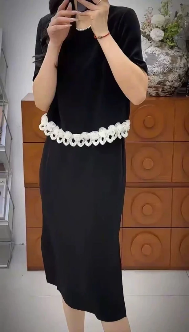 WYK 重磅醋酸~M胸92长104重工钉珠套头短袖假两件显瘦连衣裙 9822
