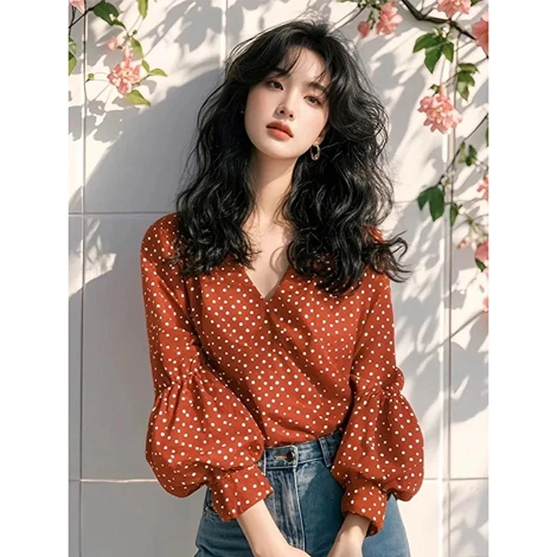 香朵儿韩式设计感波点灯笼袖上衣女2025春秋新款时尚高级感上衣