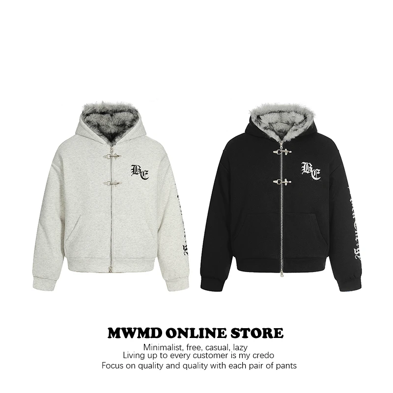MWMD美式复古座山雕连帽卫衣女黑色拉链宽松休闲外套字母印花