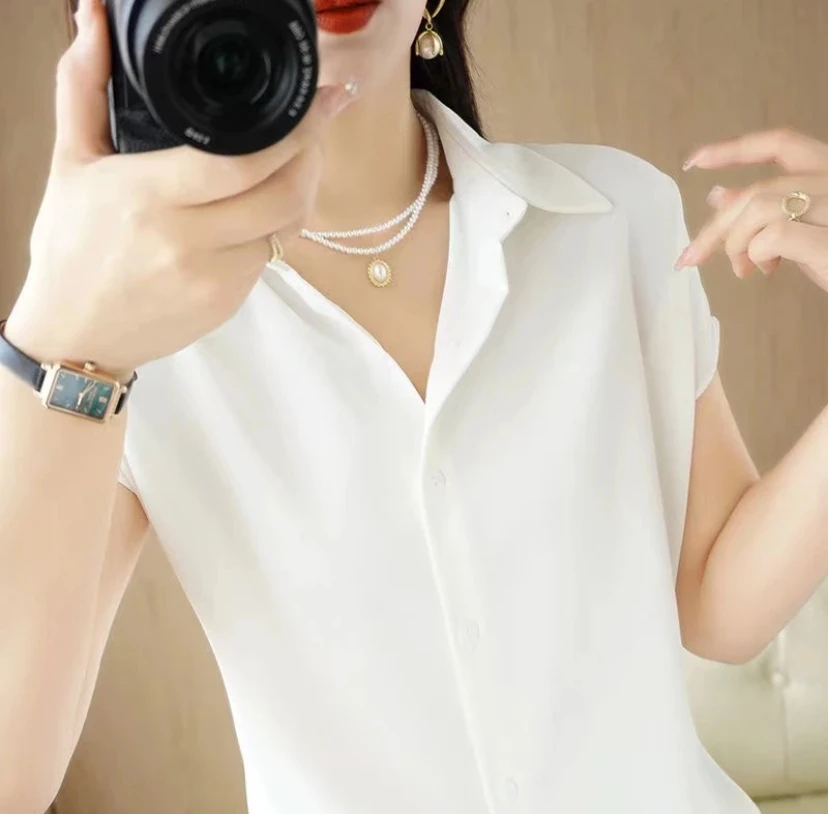 缎面短袖衬衫女设计感翻领职业通勤夏季气质上衣