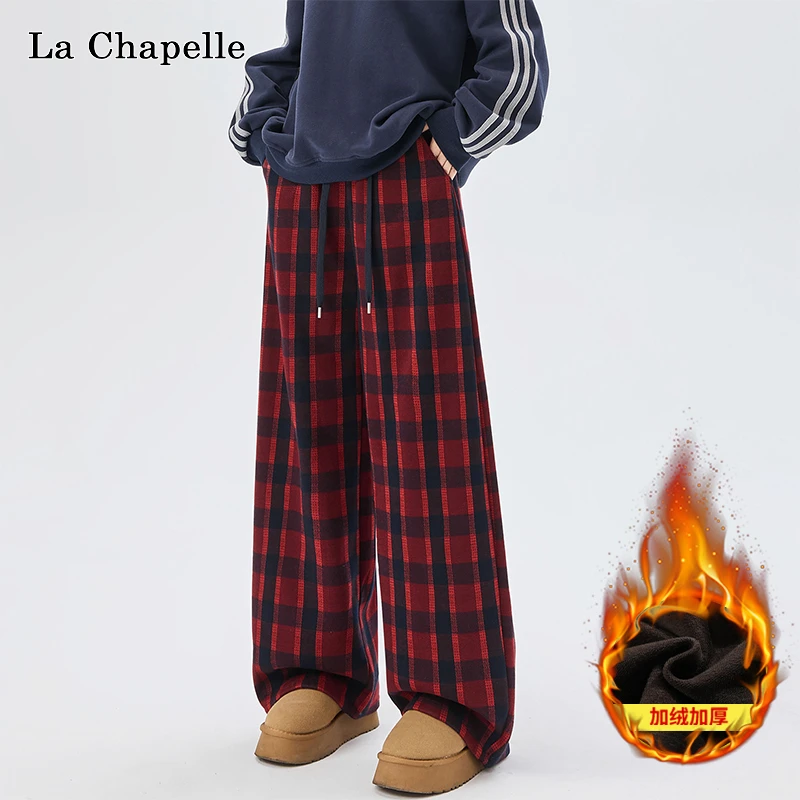 拉夏贝尔加绒格子毛呢休闲弯刀裤女秋冬季新款高腰宽松直筒阔腿裤