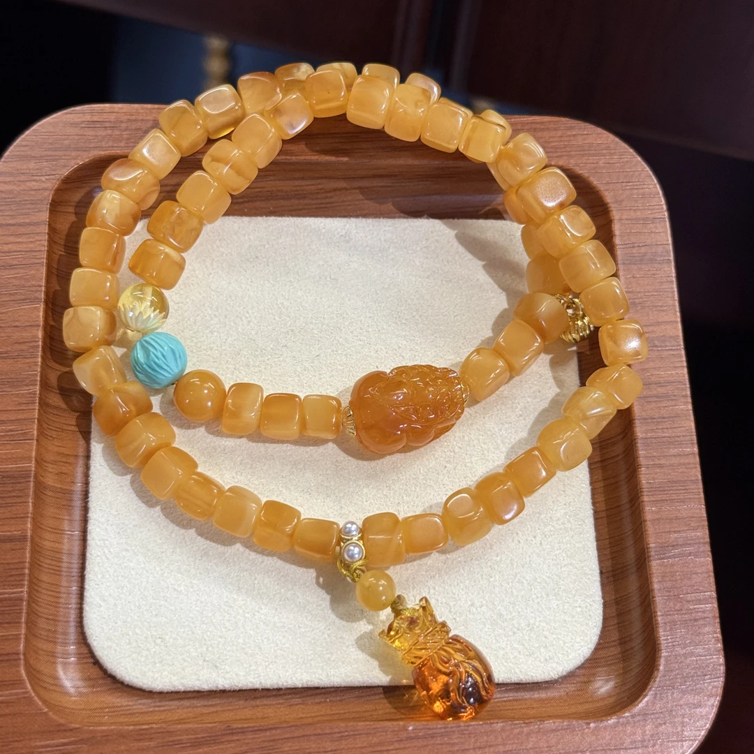 天然蜜蜡手串俄料老花蜡好事成双239