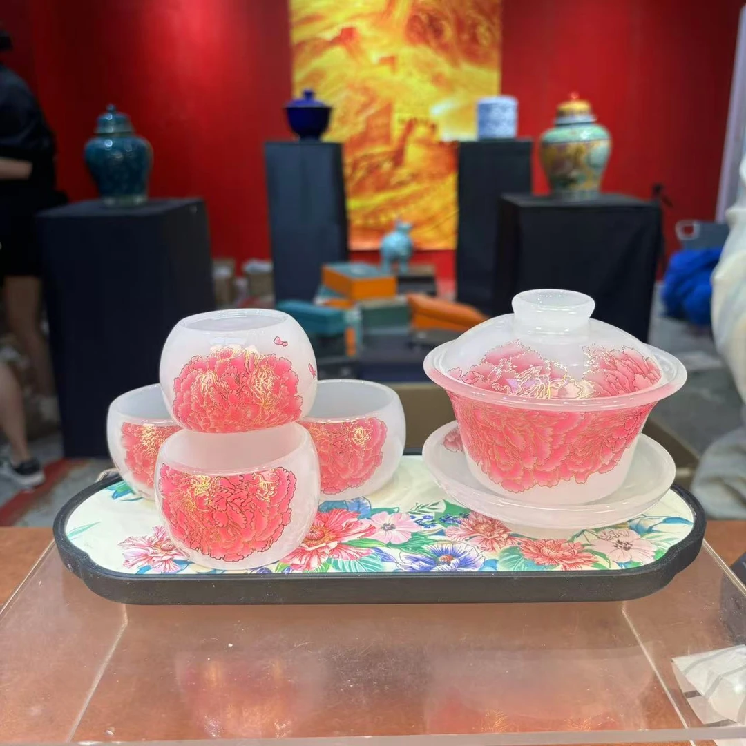 秋香茶具 粉牡丹琉璃盖碗+四杯家用泡茶防烫三才盖碗-2251