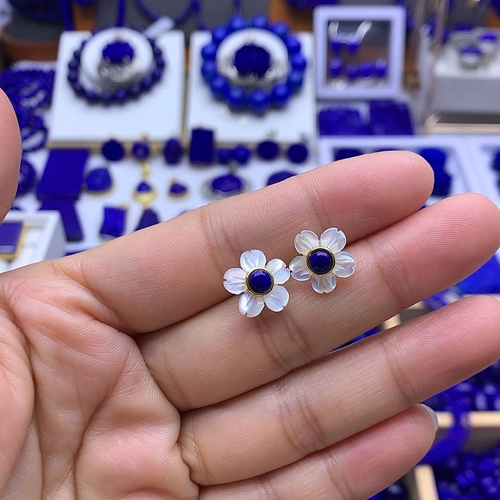 青金石耳钉银S925镀金镶嵌