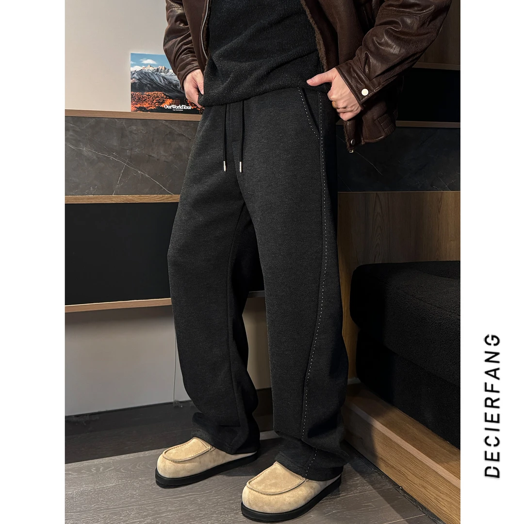 冬季「慵懒老钱  明线」加绒休闲裤男美式百搭宽松直筒长裤潮
