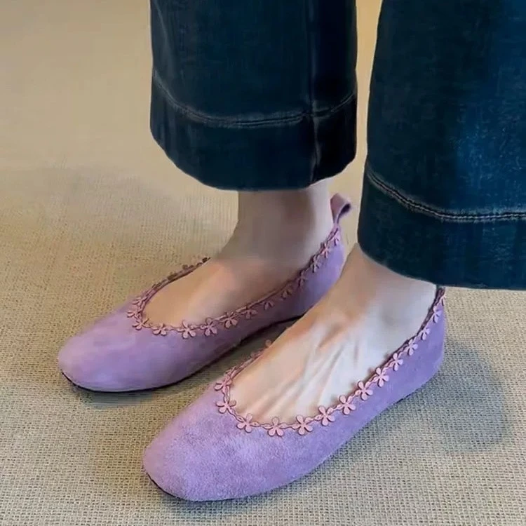 真皮~法式花朵浅口芭蕾舞鞋女2025夏季新款复古内增高外穿单鞋女