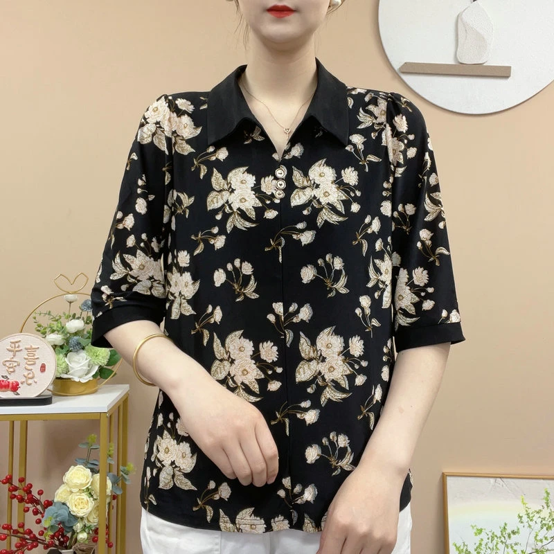 新款气质妈妈装五分袖通用印花中袖夏季宽松短款气质T恤时尚百搭