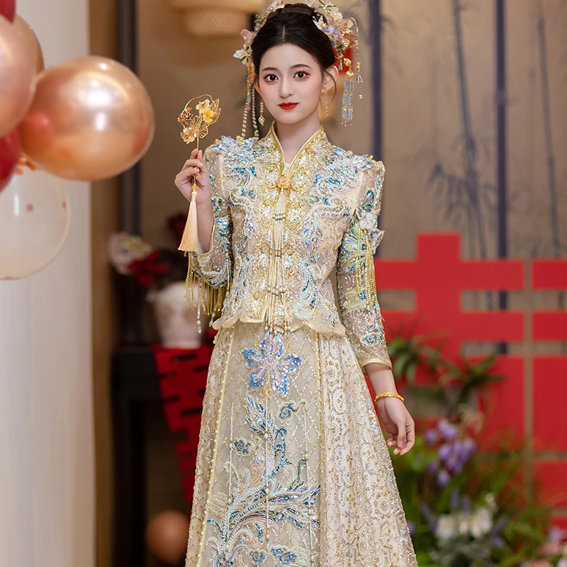 重工秀禾服婚服2025新款浅色奢华敬酒服香槟色出阁服中式嫁衣蓝色