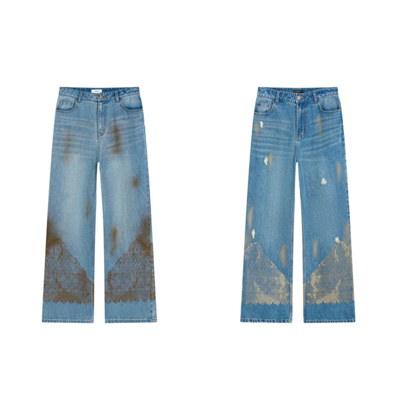 ICE DUST2025冬破洞做旧蕾丝阔腿牛仔裤女1280dopdop买手店