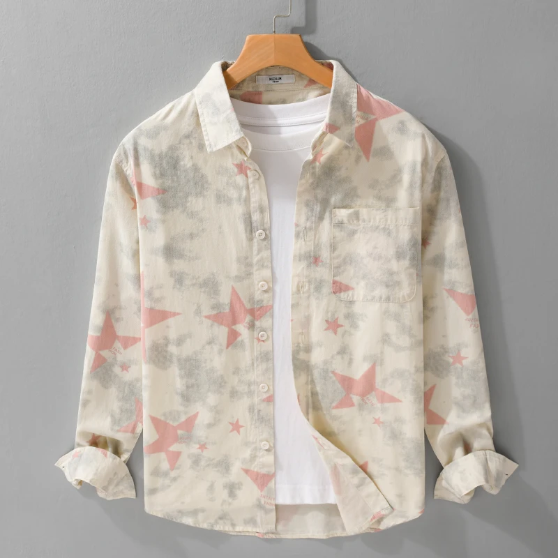 秋季日系字母渐变色印花高级感衬衣男宽松休闲纯棉长袖衬衫男外套