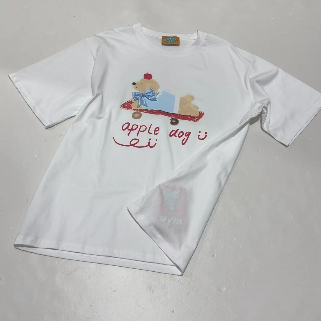 4318号#1913#夏款宽松小狗滑板车手工订花休闲百搭短袖T恤