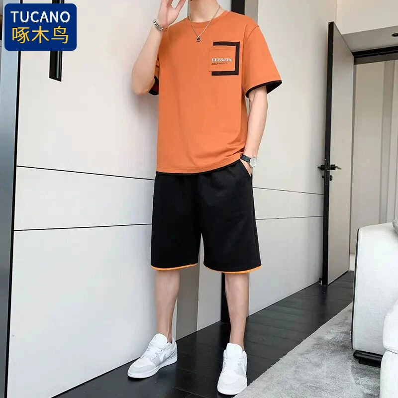 啄木鳥打底短袖套装男夏季薄款衣服男生潮流半袖夏装宽松休闲T恤