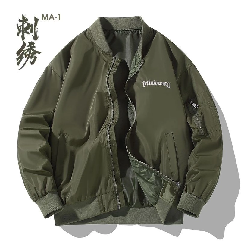 冬季潮牌美式复古字母刺绣外套男秋冬款加棉薄款飞行夹克男士棉衣