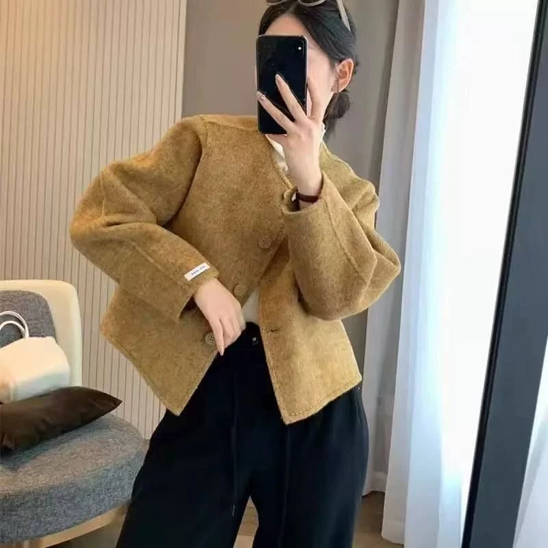 高级感双面羊绒大衣女短款2025春秋新款圆领小个子气质羊毛呢外套