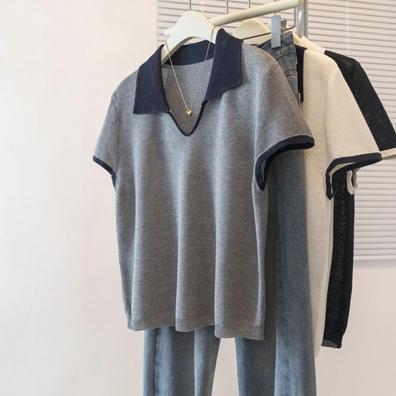 大码设计感撞色翻领短袖T恤女夏季微胖mm显瘦遮肚子洋气别致上衣