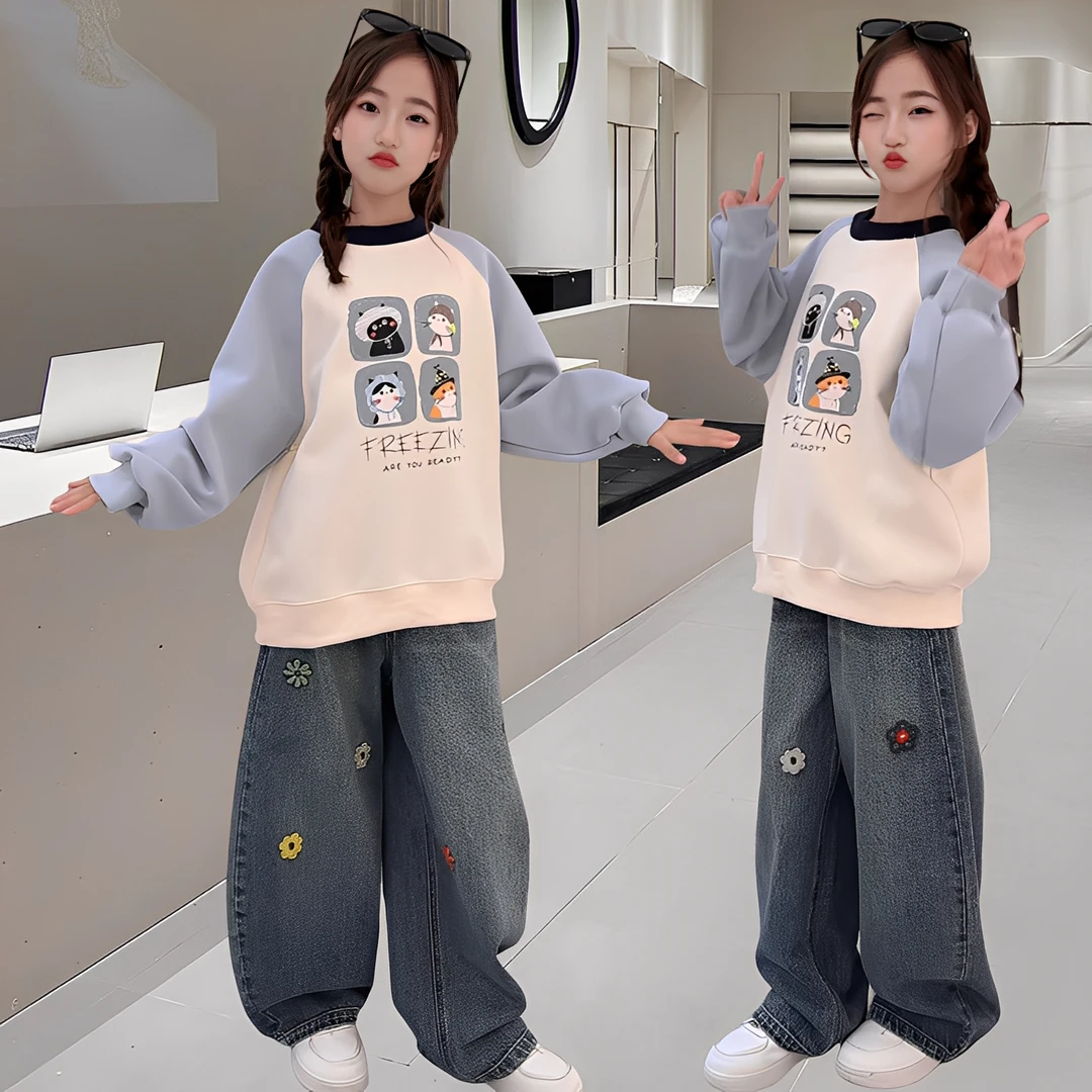 女童卡通拼色卫衣秋季新款时尚洋气中大童女孩休闲直筒裤