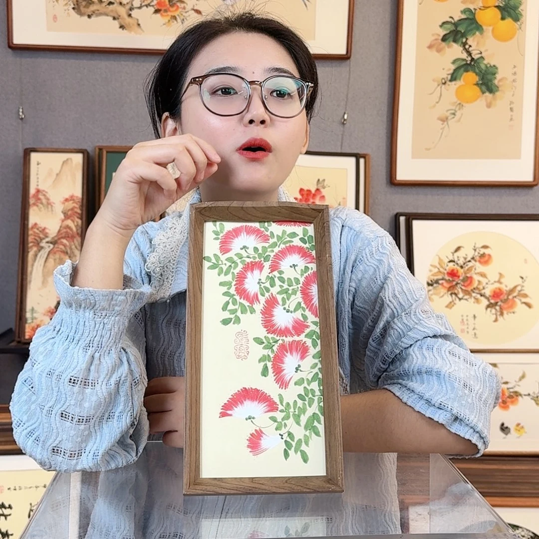 国画纯手绘，纯手写带框尺寸：16×29厘米