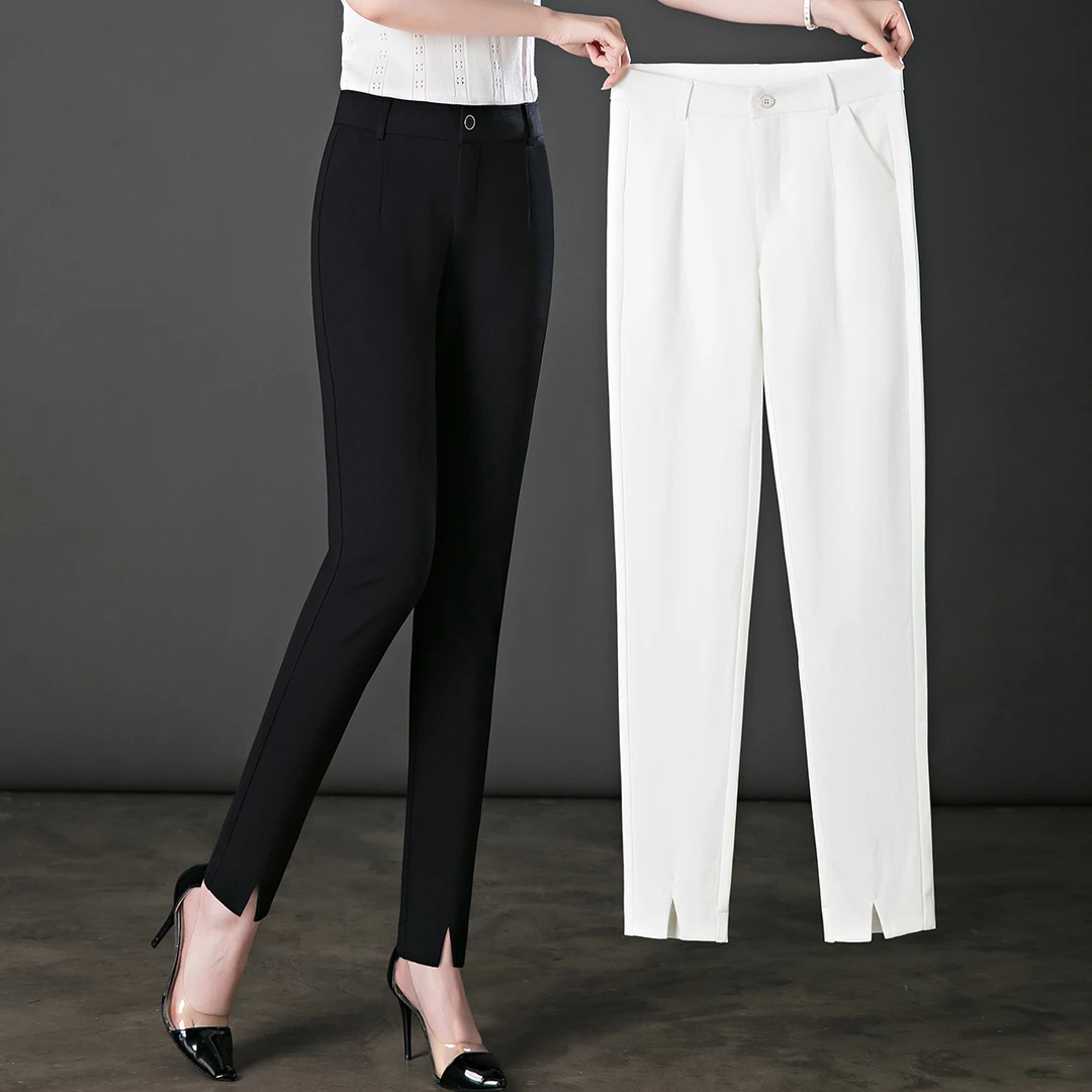 2025秋季新款女士开衩小脚长裤弹力显瘦白色休闲裤春装九分女裤子
