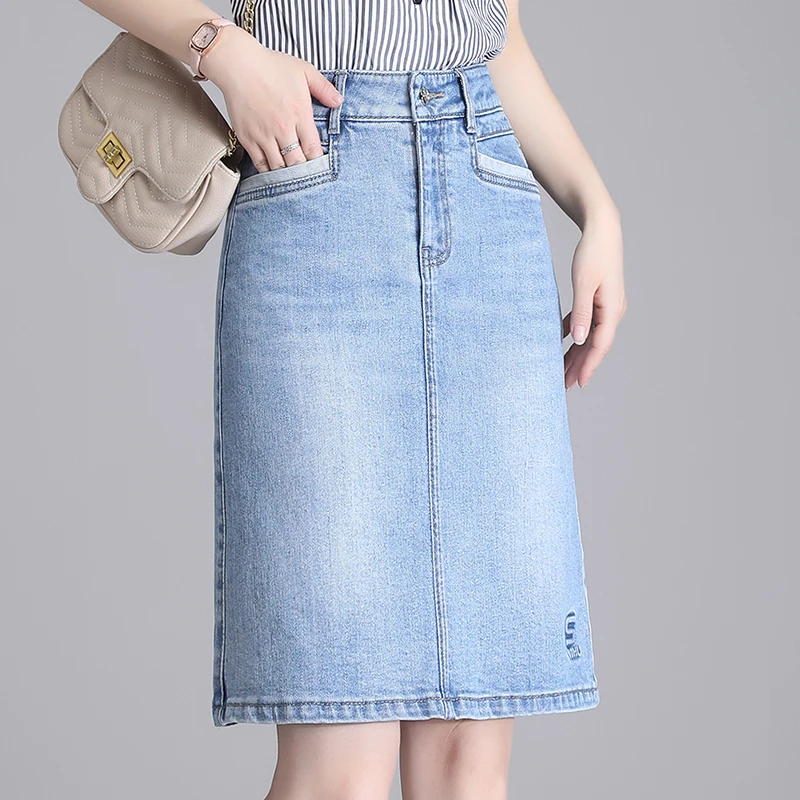 浅蓝色高腰半身裙夏季新款牛仔短裙包臀裙开叉短裙百搭裙子时尚