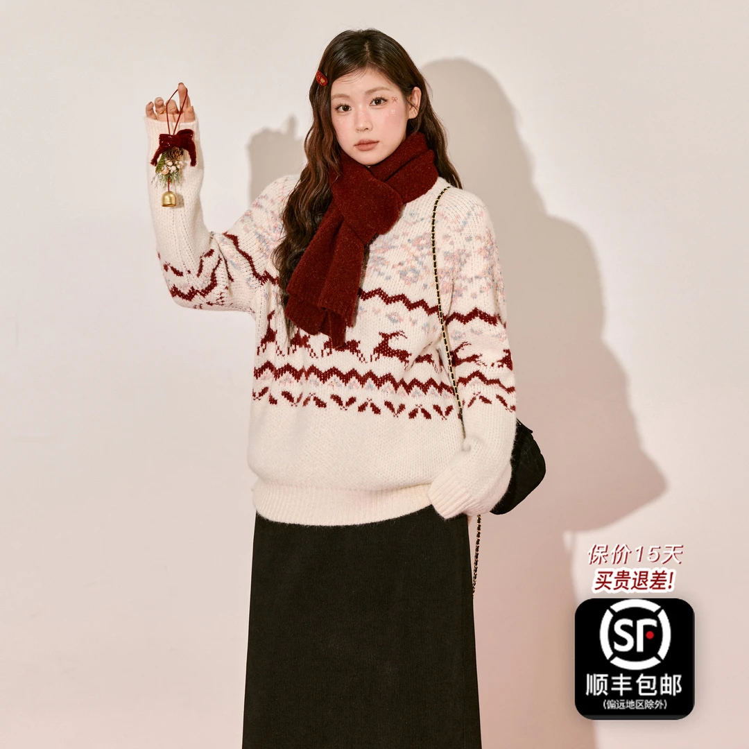 蓝语大码落肩慵懒圆领套头圣诞毛衣女2025冬季新款宽松显瘦上衣