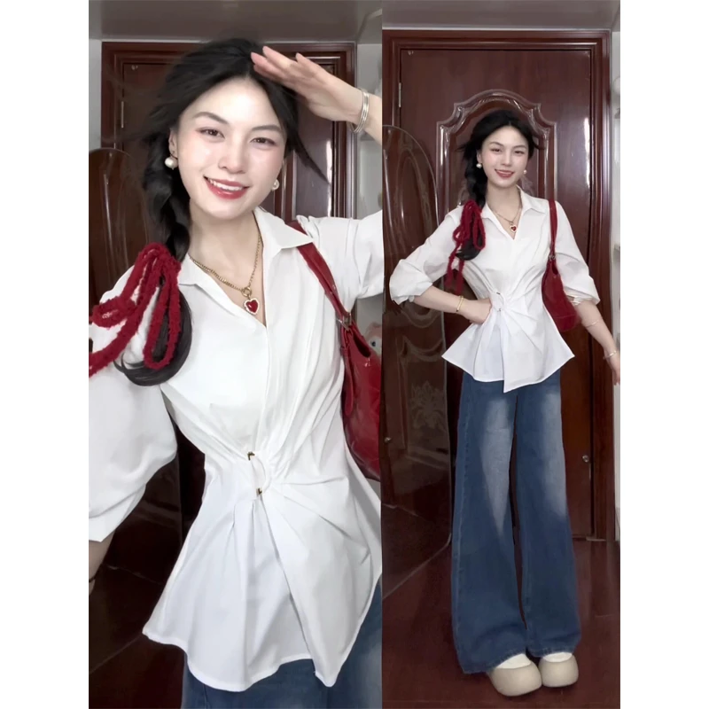 2025春夏白色衬衫衬衣职场v字翻领不规则上衣直筒牛仔裤阔腿裤子