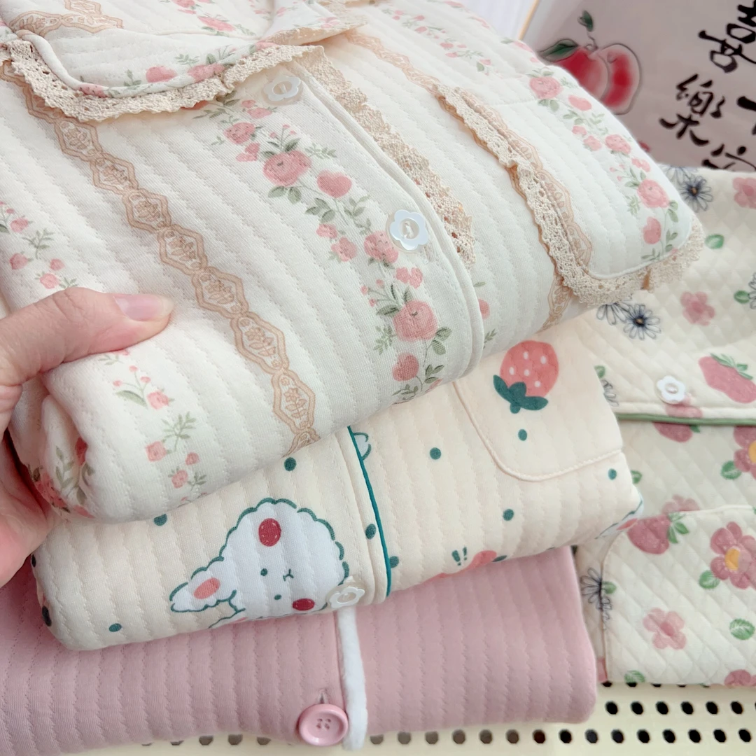 加厚保暖空气棉睡衣秋冬季女士纯棉家居服三层夹棉长袖长裤居家服