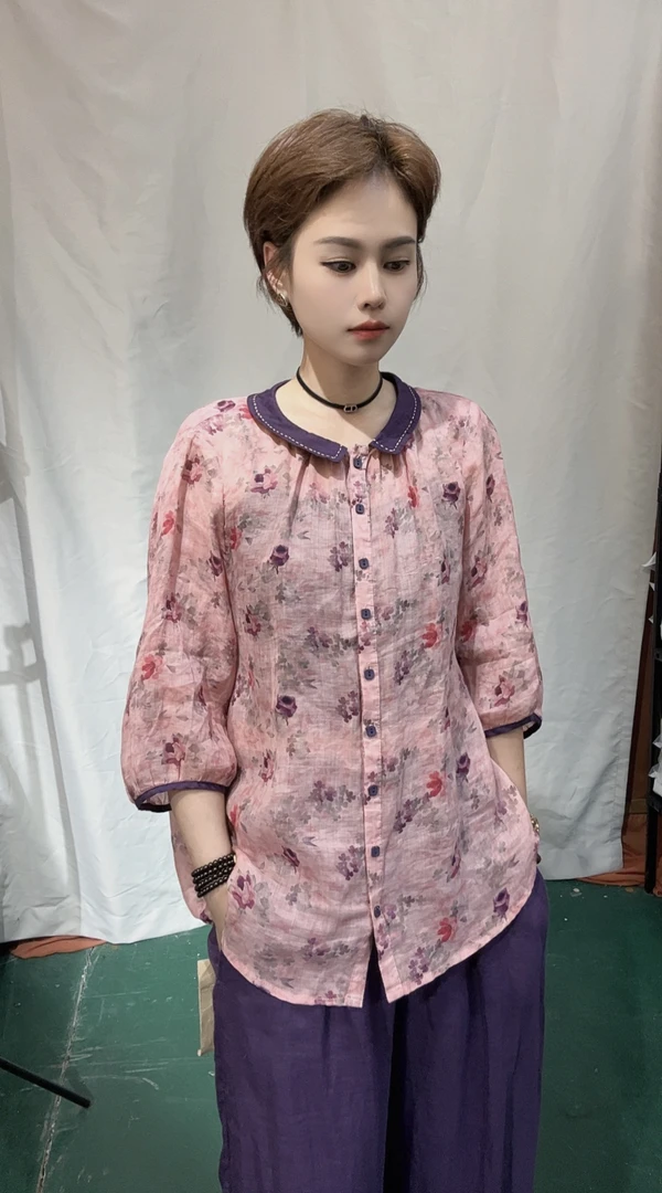 夏季纯苎麻数码印花娃娃领拼色小开衫时尚减龄