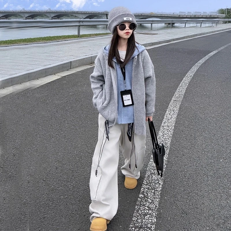女童洋气拼接设计感假两件连帽针织衫2025春秋韩版阔腿工装裤套装