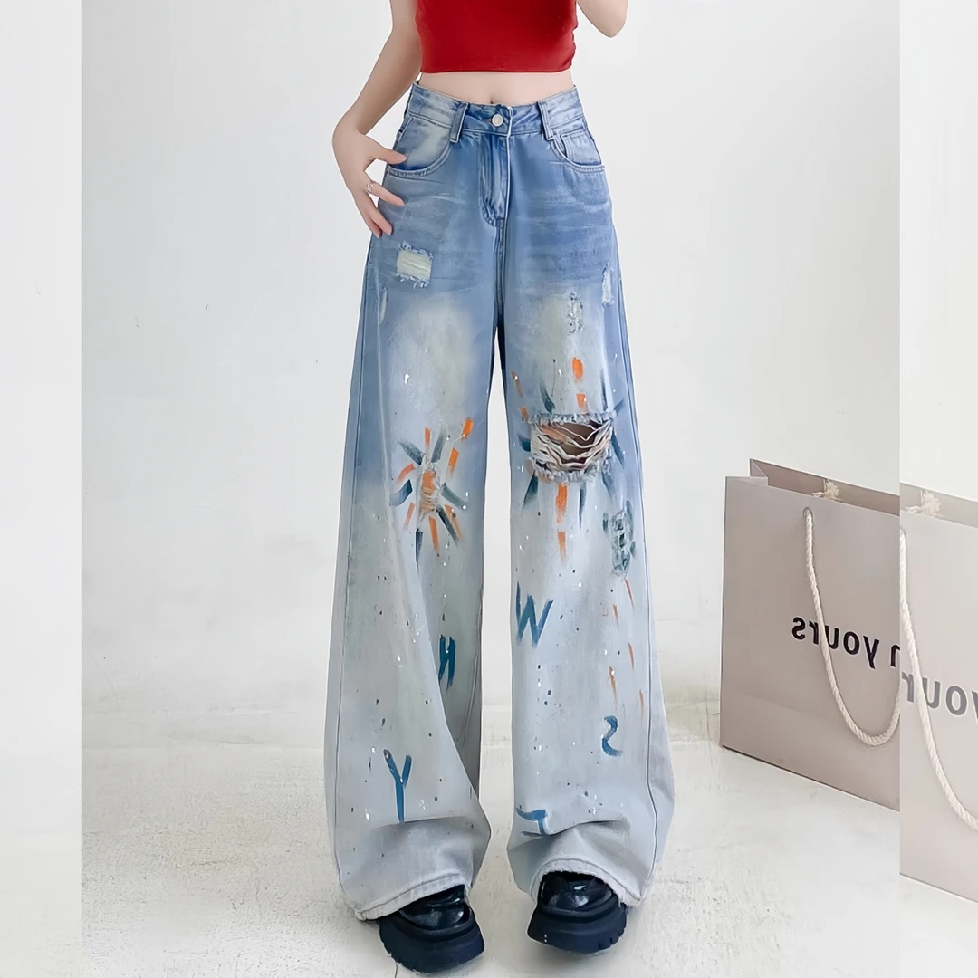 300斤大码女装彩绘涂鸦破洞牛仔裤胖mm个性小众别致潮牌阔腿裤