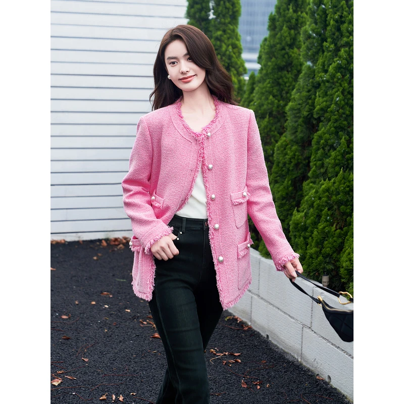 Goodland美地女装小香风流苏花边玫红休闲短外套LC34310080