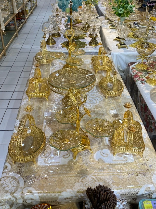 酒具复古风宫廷风家用玻璃手工金色花朵果盘精致果篮透明款茶具