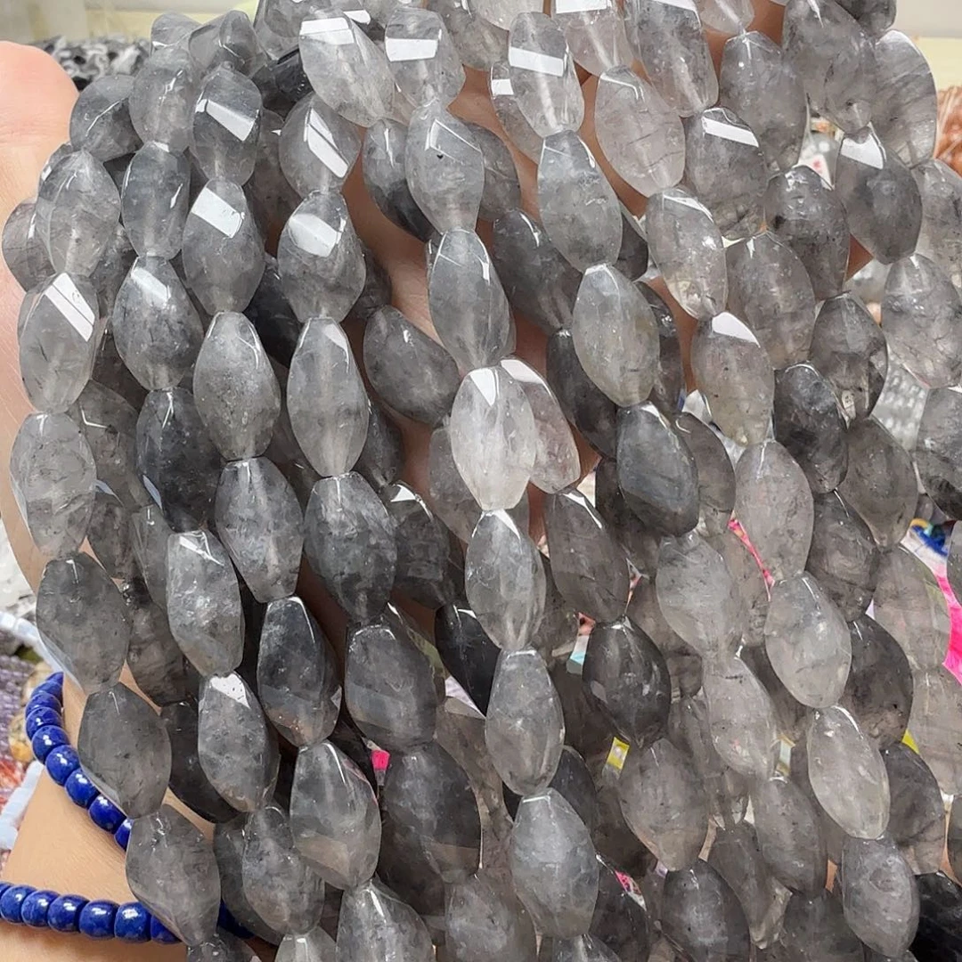 水晶珠宝半成品未镶嵌卡8×16云雾水晶钮珠一条