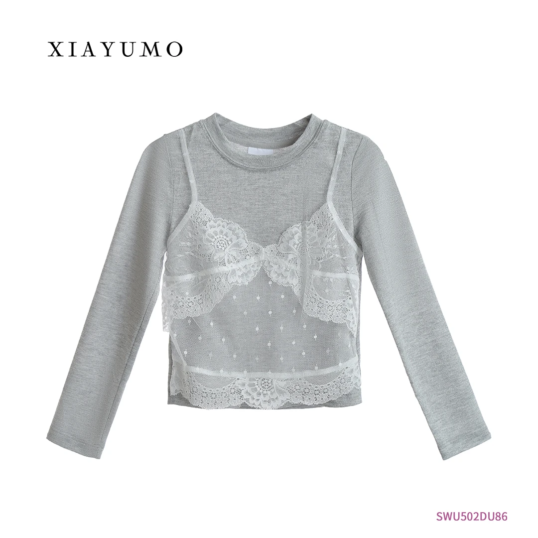 夏羽墨女童春夏新款灰色长袖蕾丝打底T恤单穿气质假两件上衣