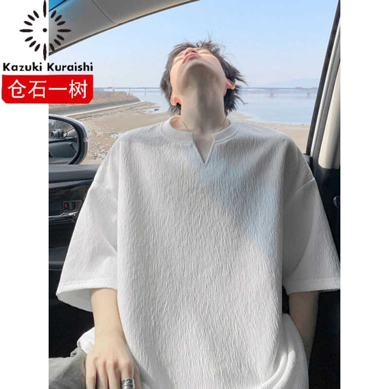 仓石一树cleanfit白色肌理感短袖男夏季弹力慵懒风速干v领T恤高级